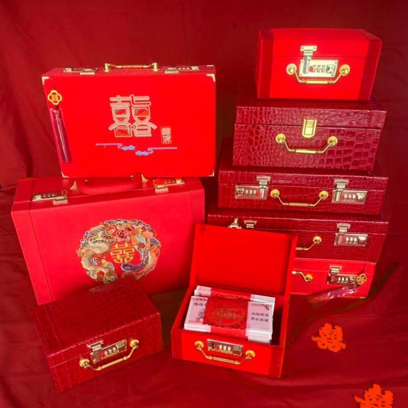 结婚手提箱密码锁彩礼钱盒子婚庆用品木质箱刺绣箱子定亲礼盒新款