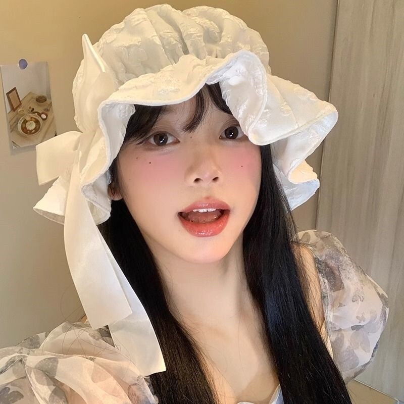 白色蝴蝶结小花渔夫帽女春夏ins百搭显脸小云朵帽日系大头围帽子