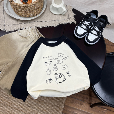 2025秋新款T恤男宝宝中小儿童韩版百搭休闲插肩袖打底衫男童长袖