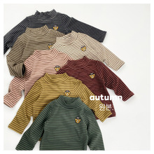 韩版儿童条纹t恤秋季新款男女童小熊刺绣高领长袖上衣宝宝打底衫
