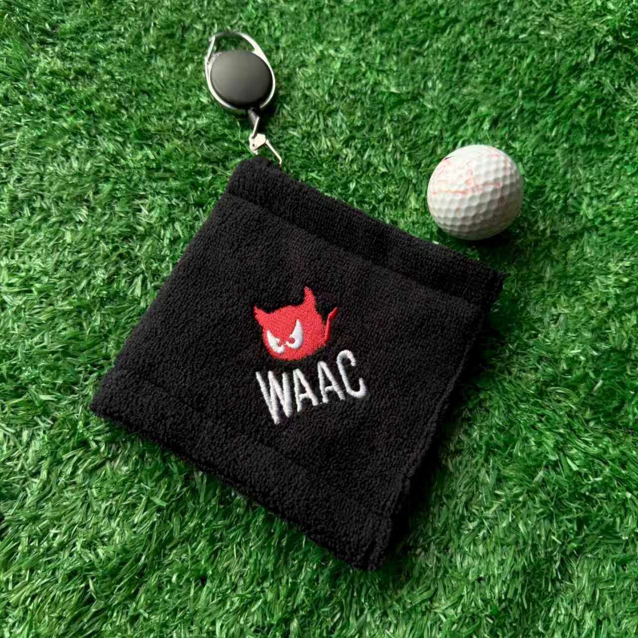 新款WAAC GOLF毛巾刺绣擦球巾伸缩绳挂钩擦球杆神器高尔夫清洁布