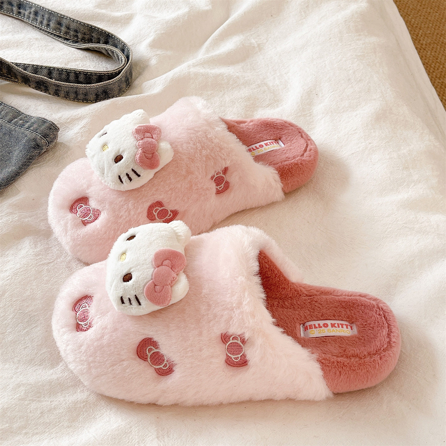 厚底包头毛毛鞋女冬季室内居家保暖防滑卡通可爱蝴蝶结猫咪棉拖鞋