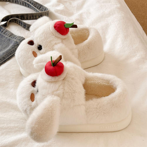 可爱苹果小狗厚底包跟棉拖鞋