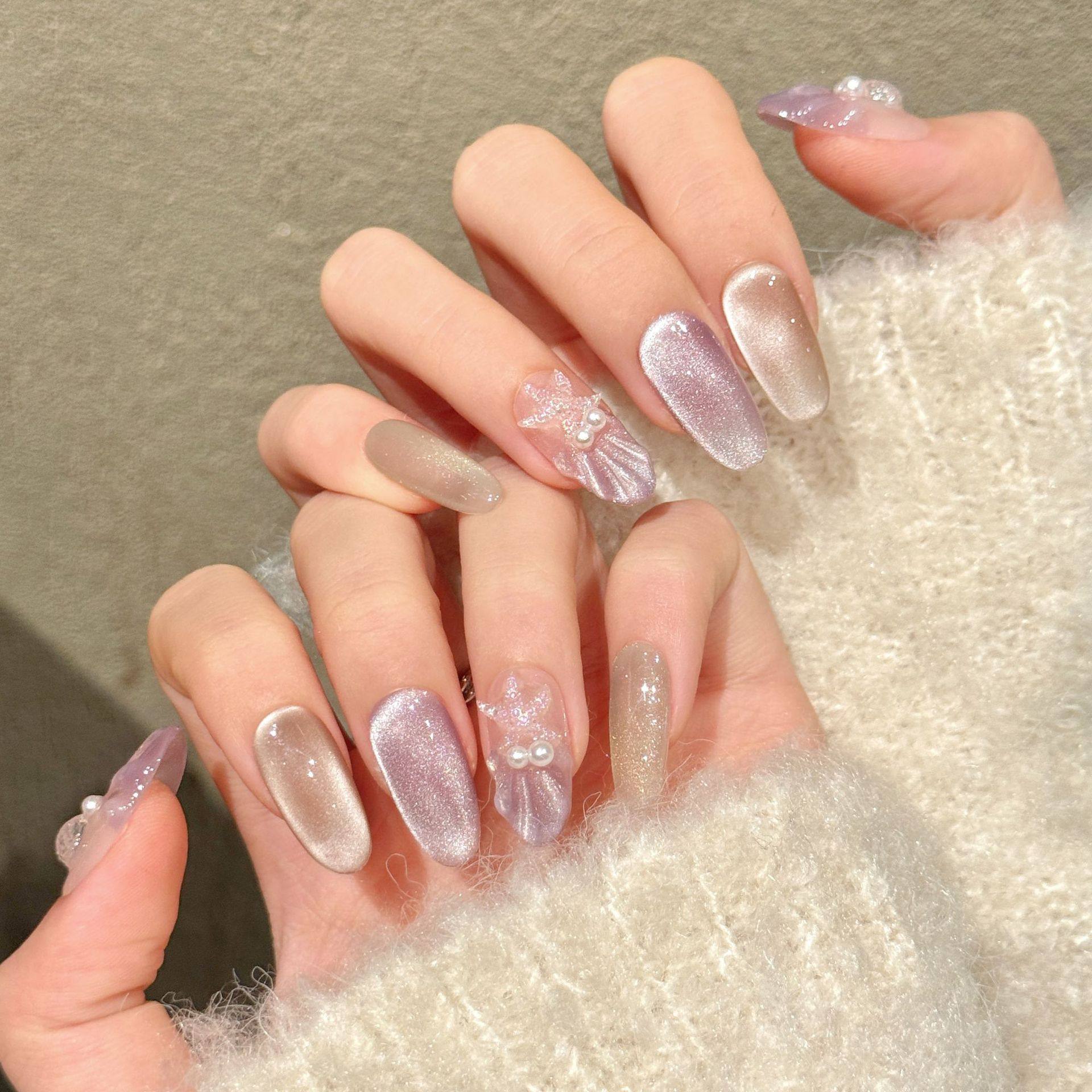 纯手工穿戴甲【柔紫珠韵】粉紫渐变珍珠立体手工美甲温柔仙气显白,彩妆/香水/美妆工具,穿戴甲/甲片,淘宝优惠券,粉丝福利购,淘宝优惠卷