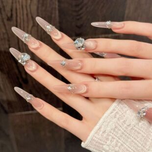 纯手工穿戴甲【冰茶香槟】爆闪反法式微笑猫眼9堆钻轻奢长款美甲