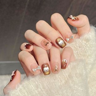 纯手工穿戴甲金棕萌趣焦糖金棕樱桃小熊纯手工穿戴甲甜妹风美甲片