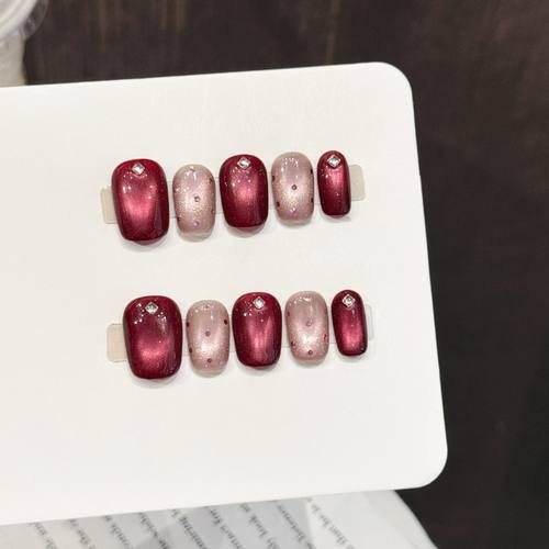 纯手工穿戴甲酒红粉裸撞色闪钻