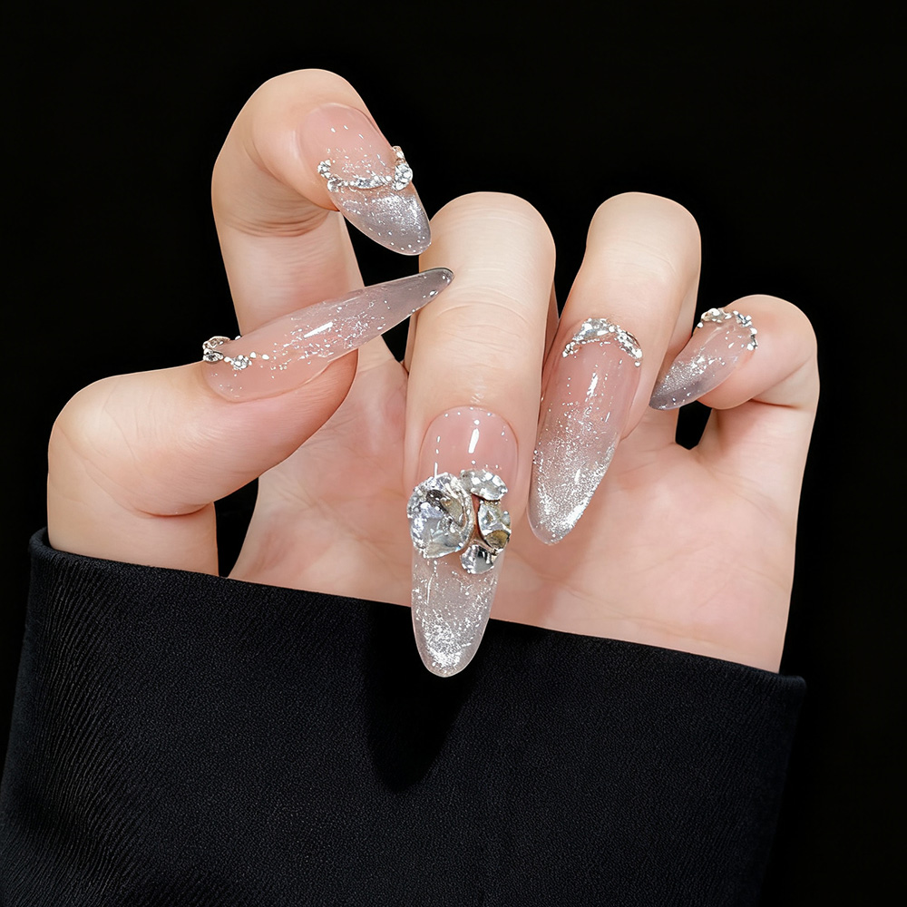 纯手工穿戴甲轻奢爆闪冰透闪钻中长款2025猫眼美甲长甲假指甲片