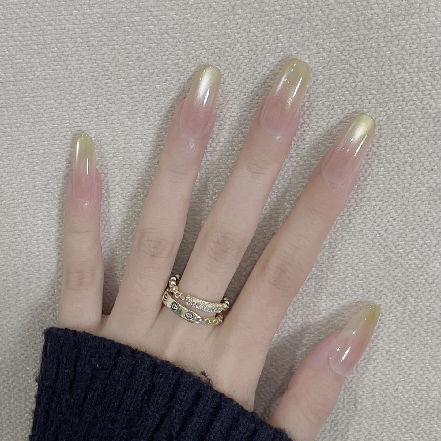 手工黄色玻璃珠渐变中长款猫眼穿戴甲2025新款高级感美甲穿戴甲