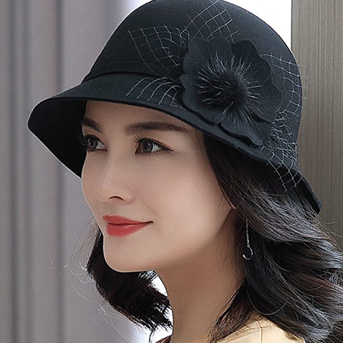 鱼夫女帽渔夫帽女春秋女士秋季羊毛礼帽圆顶时尚帽子