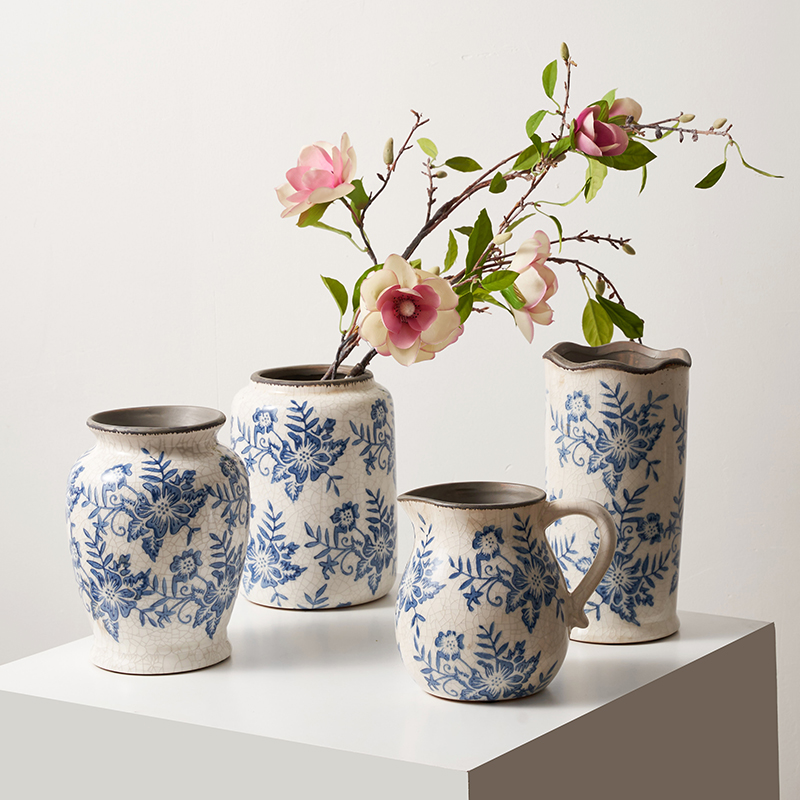 复古新中式冰裂纹青花瓷轻奢陶瓷花瓶摆件高级感客厅餐桌插花花器