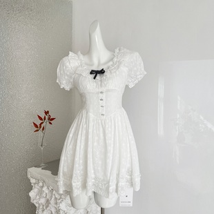 Sweet草莓Musefish未闻花名 方领裙子甜美收腰白色公主蓬蓬裙 法式