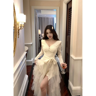 Sweet草莓女孩雾纱白月光”法式气质优雅蕾丝花边网纱长袖连衣裙