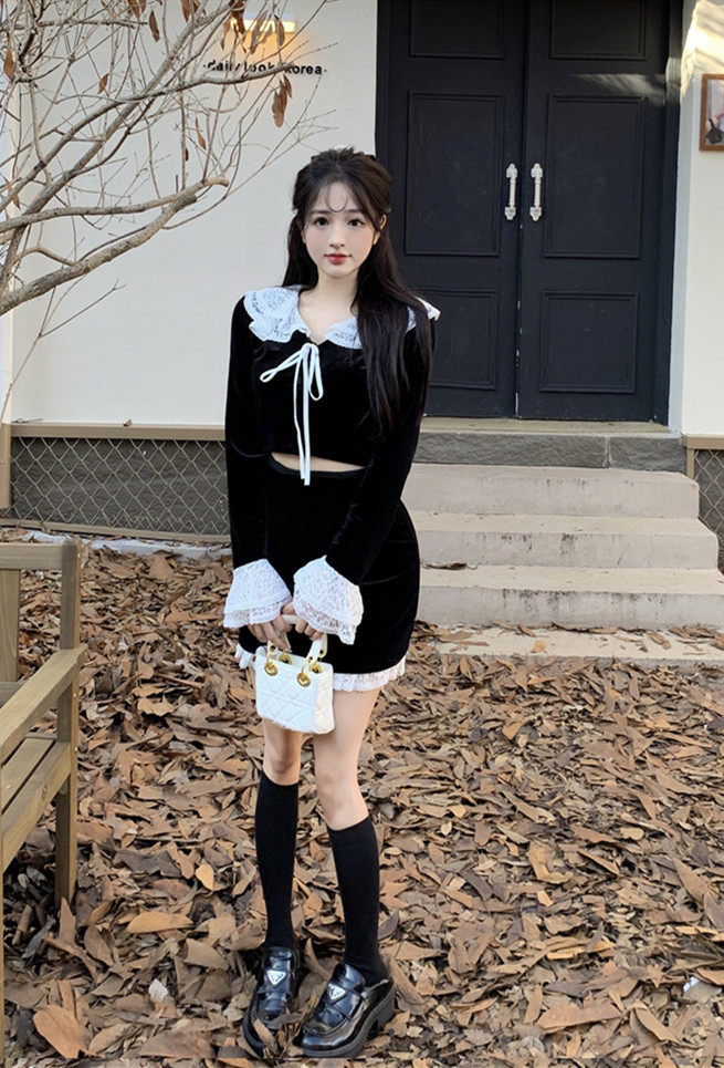 sweet草莓女孩名媛少女法式套装黑丝绒蕾丝上衣半身裙两件套女
