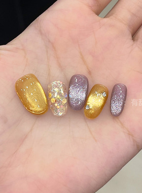 金色猫眼穿戴甲短款纯手工绝美指甲贴片2025新款高级感穿戴款美甲
