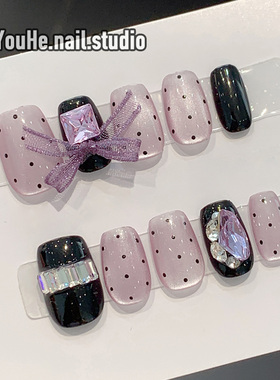 紫色穿戴甲短款2025新年款蝴蝶结穿戴美甲高级感纯手工猫眼短戴甲