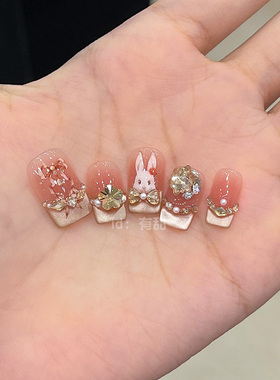 法式猫眼穿戴甲中长款秋冬纯手工可爱穿戴款美甲轻奢爆款指甲贴片