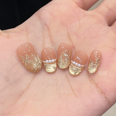 金色猫眼穿戴甲2025新款高级感法式穿戴美甲短款手工绝美指甲贴片