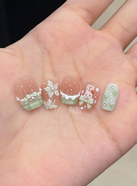 绿色穿戴甲短款夏日法式可爱穿戴美甲2025新款高级感手工指甲贴片
