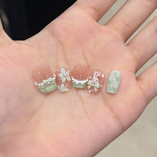 高级感手工指甲贴片 可爱穿戴美甲2025新款 绿色穿戴甲短款 夏日法式
