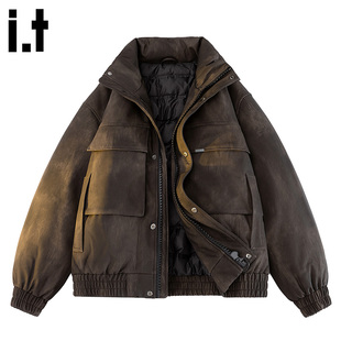 it FIVE CM工装羽绒服男款冬季短款潮牌宽松休闲防寒PU皮夹克外套