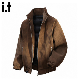 it FIVE CM哈林顿羽绒服男款复古PU皮夹克立领机车服冬季90绒外套