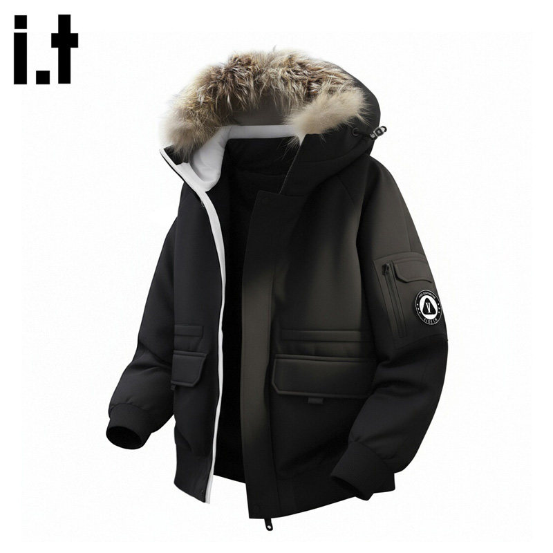 it FIVE CM工装羽绒服男款冬季大毛领连帽保暖黑色户外派克服外套