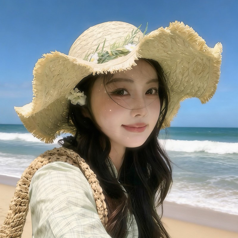新款小蹴鞠波浪形草帽女夏季海边度假大檐防晒遮阳沙滩太阳草编帽