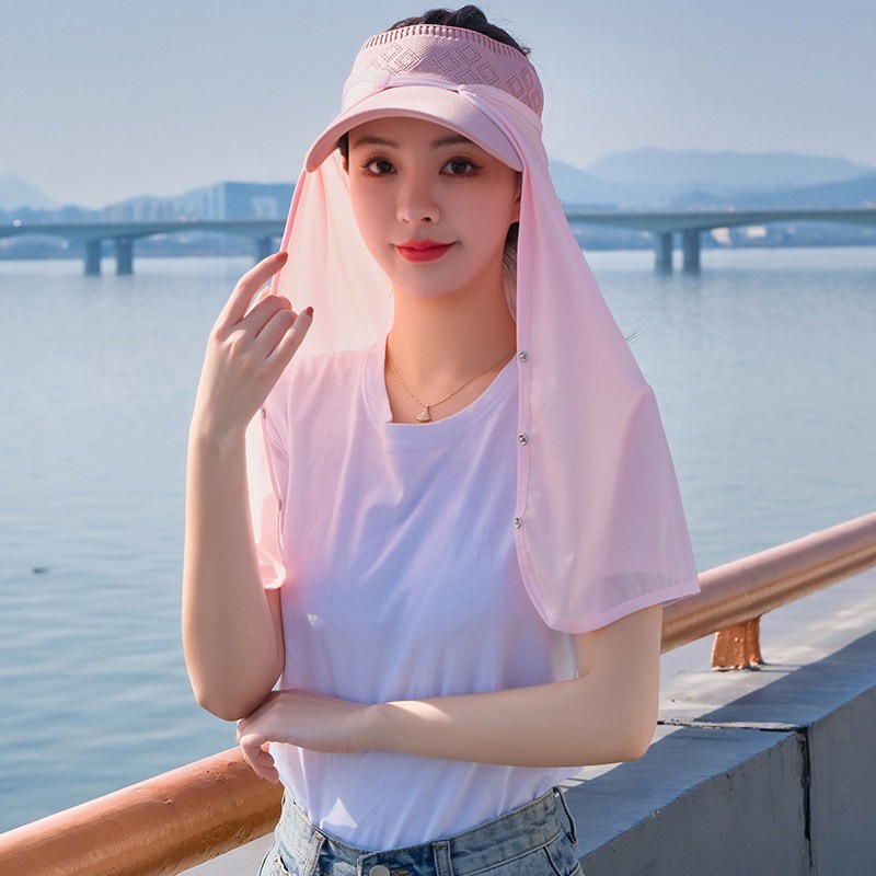 防晒遮阳帽帘子女夏季护颈脖子面纱冰丝防晒面罩长披肩全脸头盔