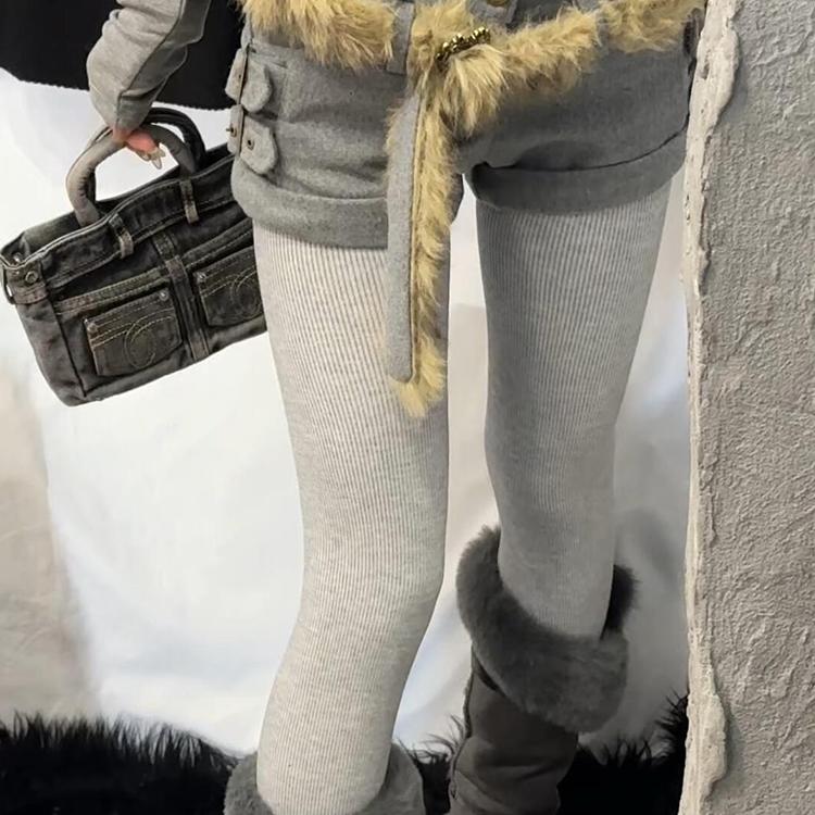 秋冬季加绒加厚打底裤女格雷系棉竖条压力袜提臀不掉裆连裤袜