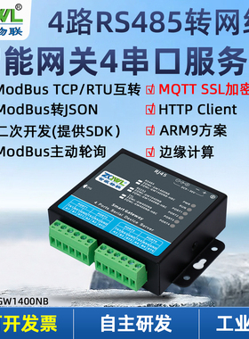 智嵌物联4路串口服务器rs485转以太网模块mqtt/http通讯串口转网络json格式modbus网关tcp/rtu互转数据采集