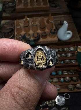 国潮石窟佛戒指金佛石窟手工锻打锤纹指环个性精致复古