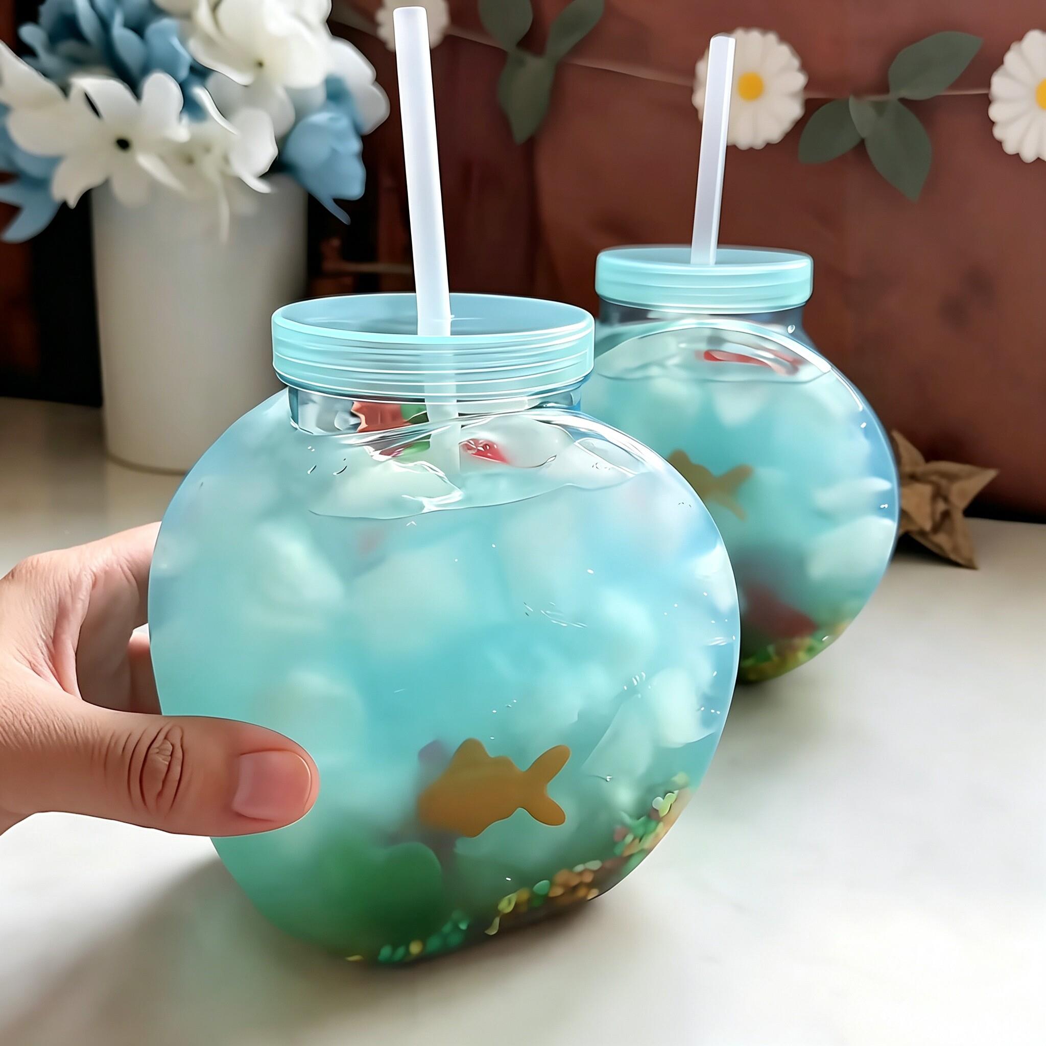 金鱼鱼缸水杯创意高颜值大容量喝水杯子透明吸管杯可爱办公室水杯