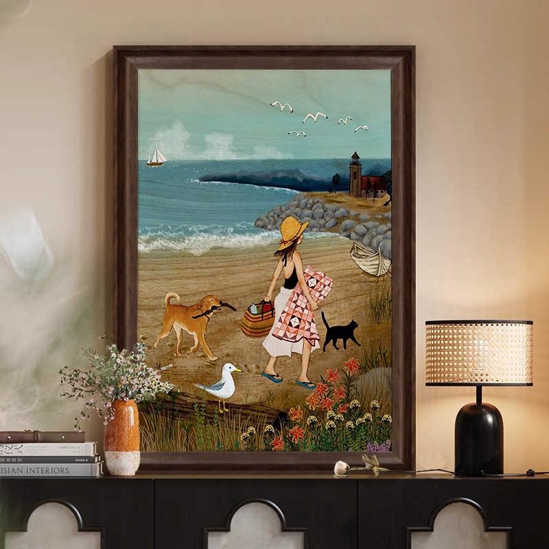 《滩趣》复古治愈系风景插画文艺清新艺术画客厅玄关小众装饰挂画