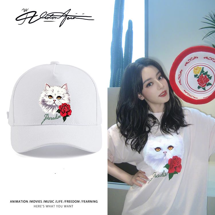 迪丽热巴同款私服穿搭可爱玫瑰猫咪印花户外防晒遮阳鸭舌帽防紫外