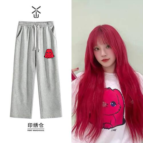 GIDLE宋雨琦同款精灵印花直筒长裤男女款春秋冬季加厚绒宽松阔腿