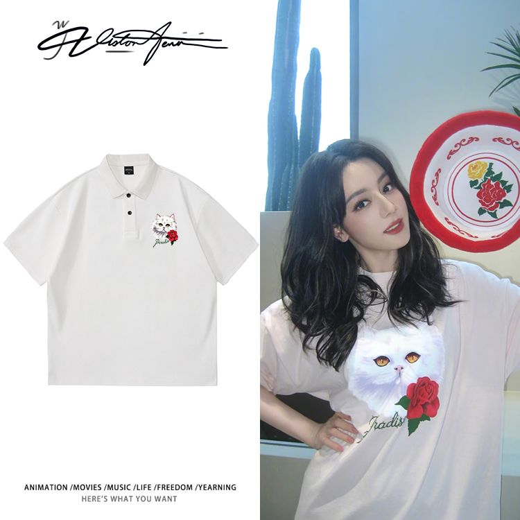 迪丽热巴同款私服穿搭可爱玫瑰猫咪印花休闲POLO衫商务风短袖T恤