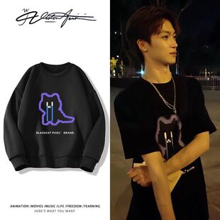 梓渝路透同款黑喵像素印花圆领卫衣长袖加厚绒保暖潮流百搭上衣