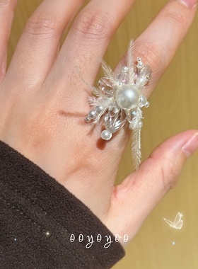 纯银小众设计水晶羽毛开口戒指女