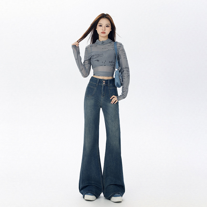 RDT蓝色不贴腿喇叭裤女2025春夏新款高腰显瘦宽松垂感百搭微喇裤