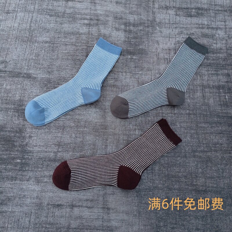 外贸女袜春季款日单双针竖条时尚百搭复古中筒小众款女士棉袜