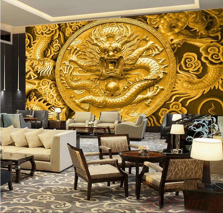 3D立体壁纸金色龙木雕酒店大客厅电视背景墙纸装饰壁画无纺布墙纸图片