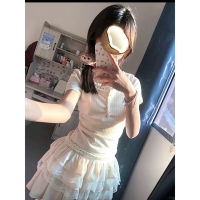 【童装】女童夏装套装2025夏季新款蕾丝边假两件上衣蕾丝半身裙子