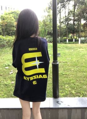 100%纯棉小个子中大童装藏蓝色短袖T恤女童学生时尚感设计感上衣