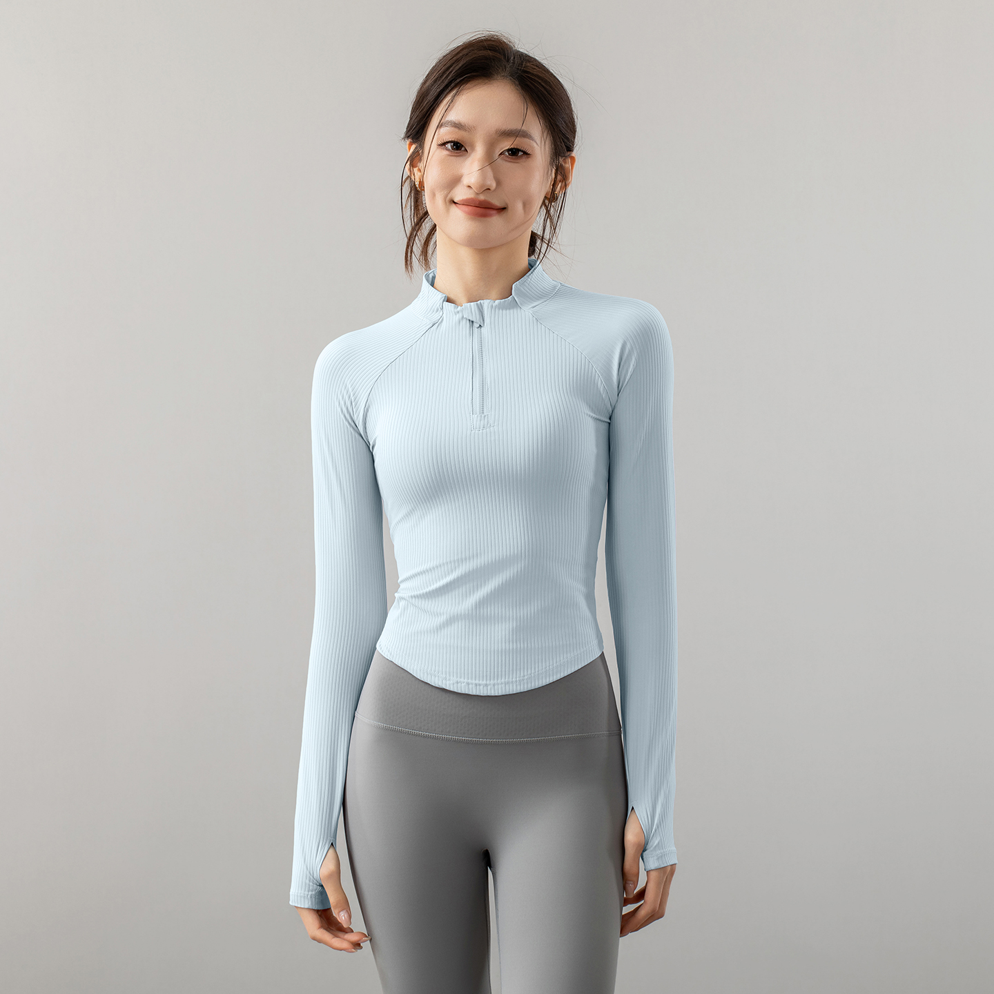 立领半拉链瑜伽服女长袖2025新款运动上衣跑步训练速干秋冬健身服