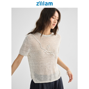 遮肚子气质女士上衣漂亮t恤女 女2026新款 ziilam枝蓝 彩麻针织短袖