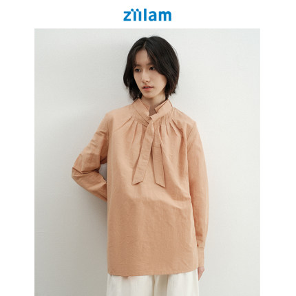ziilam枝蓝 打褶衬衫粉色长袖女秋冬打底内搭叠穿棉麻设计感上衣