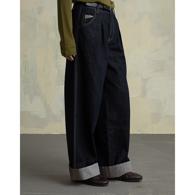 ziilam枝蓝 条纹折边牛仔裤女宽松深色设计感女裤梨型身材直筒裤