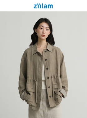 ziilam枝蓝 亚麻抽绳外套女翻领比利时进口LIBECO亚麻原创设计
