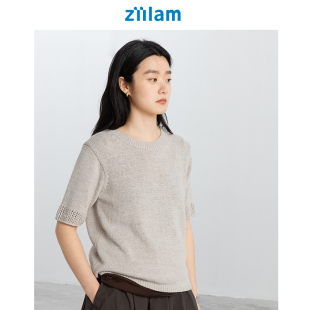 纯色简约百搭 ziilam枝蓝 圆领针织T恤女棉针织衫 圆领短袖 毛衣女款